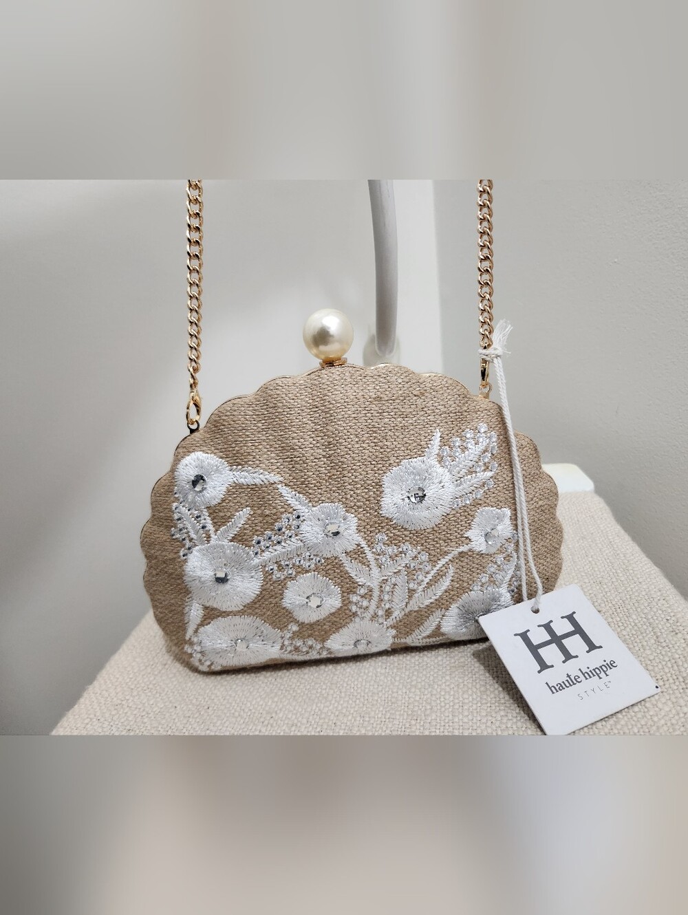 Pearl-Top Beige Floral Embroidered Crossbody Bag!
